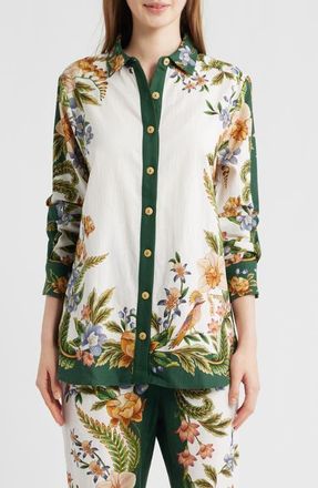 Farm Rio Sand Nature Linen Blend Button-Up Shirt in Nature Sand at Nordstrom, Size Xx-Small