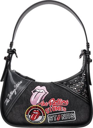 THE ROLLING STONES Patchwork Black Denim Small Shoulder Bag - Studded Detail, Embroidered Logos & Chain Strap