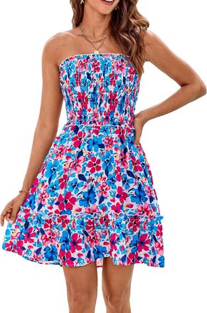 Grace Karin Womens A line Floral Dress Summer Casual Tube Top Beach Dress Casual Dress Red Blue Flowers XL