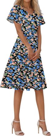 Generic Short Sleeve Midi Dress Womens Floral Summer Dresses A-line Beach Swing Dress Bohemian Sundresses Ladies V Neck Casual Midi Dresses High Waist Flowy M