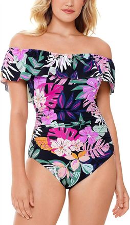 Swim Solutions Deco Printed Off The Shoulder Ruffle Tummy Control One Piece Swimsuit In Multicolor