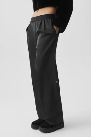 Alo | Satin High-Waist Smooth Talker Pants (Long) in Black, Size: Medium
