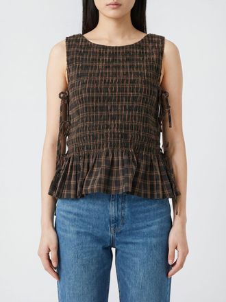 Ganni Top senza maniche in cotone organico con motivo tartan e laccetti
