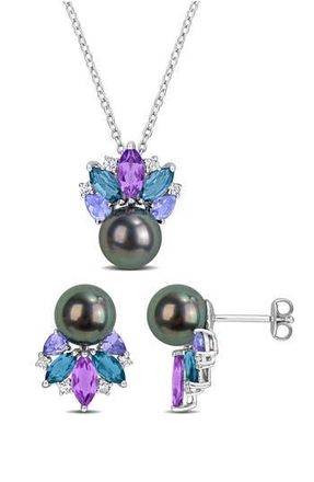 Delmar Tahitian Pearl Pendant Necklace & Stud Earrings Set in Purple Multi at Nordstrom Rack