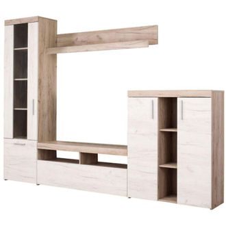Dmora Parete Attrezzata Oggiono, Mobile Soggiorno Modulabile, 14 Ripiani, Cassetti, 262x35x195h cm Bianco Larice