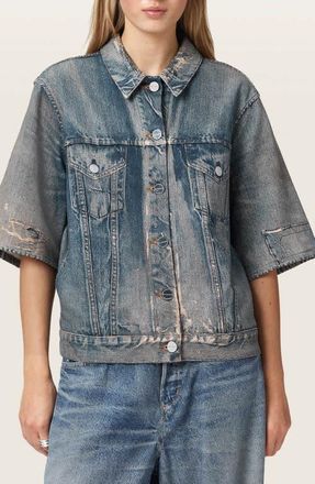 AllSaints Juni Distressed French Terry Denim Shirt in Illusion Tint Blue at Nordstrom, Size 10 Us