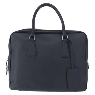 Prada Convertible Zip Around Saffiano Leather Navy Leather Briefcase Bag (Pre-Owned)