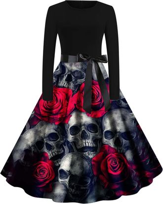 Generic Halloween Costumes Adult Women, Ladies Halloween Dress Retro Pumpkin Skeleton Print Long Sleeve A Line Swing Dress Black Vintage Skull Witch Rockabill