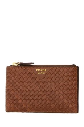 Prada Womens Woven Leather Card Case Brown Cases