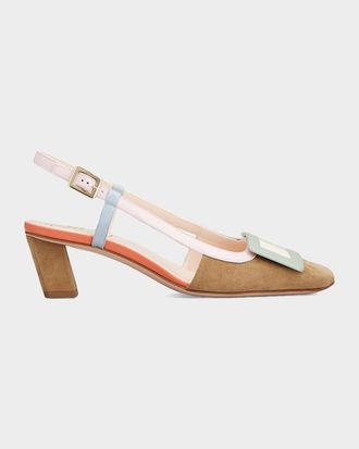 Roger Vivier 45mm Belle Vivier Patent Leather and Suede Lacquered Buckle Slingback Pumps