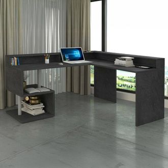 Dmora Escritorio Sansone, Escritorio De Esquina Con Estantes De Almacenamiento, Escritorio De Oficina Multiusos Con Tablero, 180x92,5h160 Cm, Pizarra, Con E