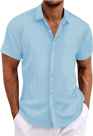 Generic Mens Short Sleeve Shirt Stretch Stain Shield Plain Shirts Regular Fit Business Blouse Casual Smart Button Down T-Shirt,Blue,M