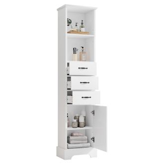 STILVORA Armario De Ba&ntilde;o Con 1 Puerta, 3 Cajones Y 2 Huecos, Estante Ajustable, En Mdf, 38 &times; 26 &times; 172.5 Cm, Blanco