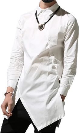 Generic Mens Irregular Shirts Solid Color Lapel Button Casual Shirts Long Sleeve Slim Long Shirt Tops White Shirt L