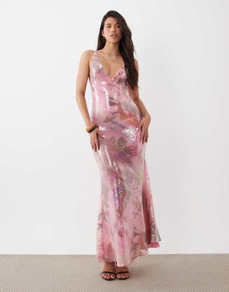 Asos Vestito lungo da cerimonia con scollo profondo a sirena rosa con paillettes di vetro e stampa a fiori-Multicolore