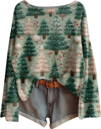 Generic Funny Christmas Jumper for Women, Long Sleeve Loose Fit Boat Neck Sweater Pullover, Festive Knitted Jumper with Multiple Designs for Holiday & Casual 