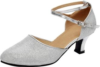 Generic Elegant Womens Ballroom Tango Latin Social Dance Shoes with Sparkling Sequins for Middle Heel Dancing Performance (Silver, 5.5)