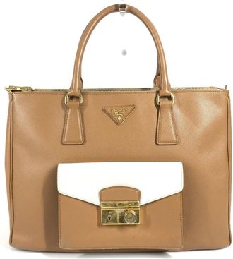 Prada Brown White Saffiano Handbag Tote Bag (Pre-Owned)