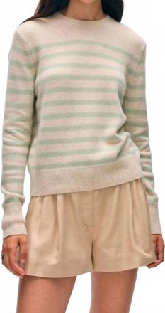 White + Warren Cashmere Striped Crewneck Top In Natural Heather/mint