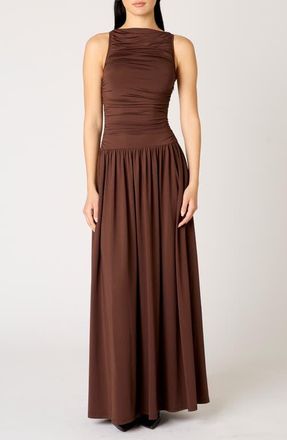 Nia Clea Ruched Sleeveless Drop Waist Maxi Dress in Espresso at Nordstrom, Size X-Small