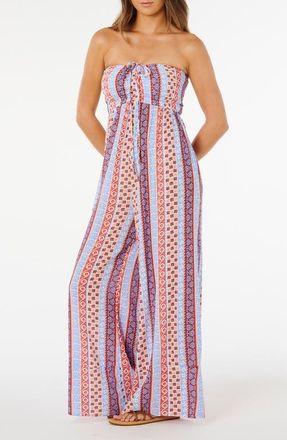 Rip Curl Ventura Smocked Strapless Wide Leg Jumpsuit in Blue Multi at Nordstrom, Size X-Small