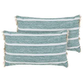 Beliani Conjunto De 2 Cojines Decorativos Para Exterior Accesorios De Jard&iacute;n Estampado A Rayas Verde Oliva Alpinia