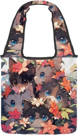 Generic Flowers and Kittens Reversible Canvas Shoulder Tote - Double-Sided Print, 12oz Cotton, 27cm Drop, Fold-Flat Bag for Travel, Shopping, Street Outings