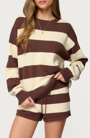 Edikted Riley Stripe Oversize Cotton Sweater in Brown-And-Beige at Nordstrom, Size X-Small
