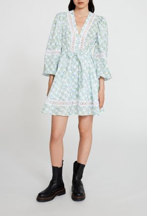 Claudie Pierlot Robe imprim&eacute;e bleue &agrave; galons de dentelle