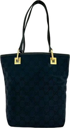 Gucci Black Navy Canvas Leather Handbag Tote Bag (Pre-Owned)