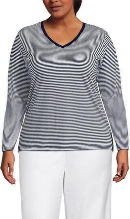 Lands End Supima Cotton Long Sleeve V-Neck T-Shirt in Deep Sea/ivory Micro Stripe at Nordstrom, Size 1X