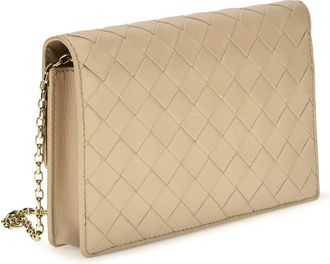 Bottega Veneta Womens Pouch On Chain Andiamo Shore-Muse Brass Lamb Leather Wallets & Purses Shore/muse
