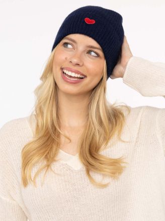 Zwillingsherz Beanie ZWILLINGSHERZ Beanie with Heart-Patch, Damen, marine, Rippstrick, Wolle, unifarben, M&uuml;tzen Beanie, Rippstrick, mit breitem Umschlag, w&auml;rmend