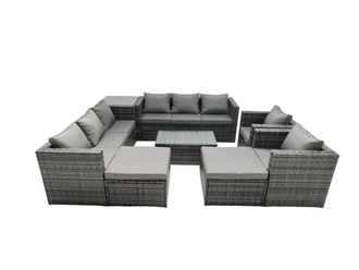 Fimous 10-seater Patio Coffee Table Sofa Set with 2 Big Stools Side Table in Dark Grey