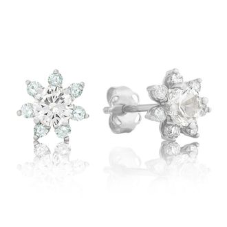 MAX + STONE 14k Yellow or White Gold Gemstone and 4mm Diamond Flower Halo Stud Earrings