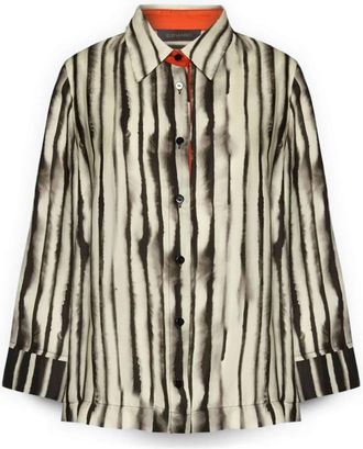 Elena Miro Gestreepte Viscose Satijnen Blouse - Dames - Overhemden - Zwart - XL - Satijn - Overhemden