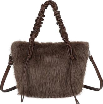 Generic Womens Fluffy Handbag with Top Zip Closure, Faux Fur Shoulder Bag with Detachable Strap, Grab Handle & Interior Pockets (Coffee)