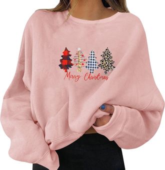 Generic Christmas Print Jumpers Sweatshirts for Ladies Uk Reindeer Cute Crewneck Hoodies Xmas Holiday Pink