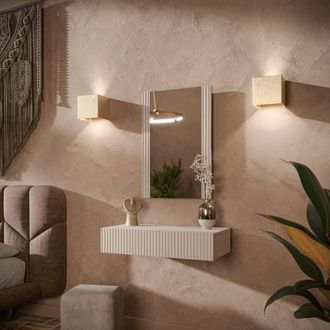 Dmora Consolle Premolo, Entratina Sospesa Con Specchio, Design Moderno Con Effetto Cannettato, 80x42 H97 Cm, Beige