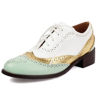 Generic Qynthra Womens Classic Oxford Wingtip Flats PU Leather Round Toe Tri-Color Design Perforated Brogue Shallow Lace-Up Shoes Vintage British Style Comfor