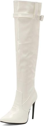 Generic Womens Pointed Toe Stiletto Ultra High Heel Over The Knee Boots with Buckle Strap Zipper Pull On Winter Nightclub Dance Shoes (7.5,White)