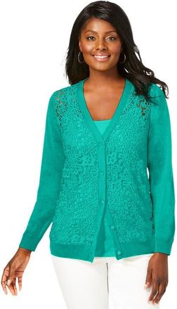 Jessica London Crochet Button-Front Cardigan in Aqua Sea at Nordstrom, Size 1X
