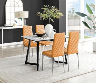 Furniturebox Carson White Marble Effect Dining Table & 4 Milan Chrome Leg Chairs in Mustard