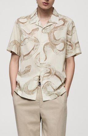 Mango Snake Print Cotton Camp Shirt in White at Nordstrom, Size Large