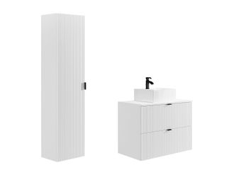 Vente-Unique Mueble de ba&ntilde;o suspendido estriado con lavabo sobre encimera y columna - Blanco mate - 80 cm - ZEVINI