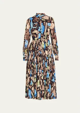 Jason Wu Tie-Neck Pleated Chiffon Long-Sleeve Midi Dress