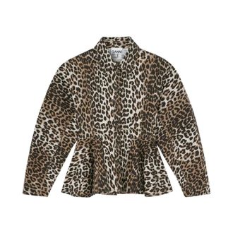 Ganni Shirts, female, Brown, Size: L Leopard Printed Chiffon Slim Shirt