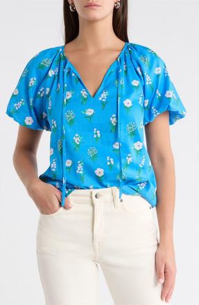 Sugarlips Jazleen Floral Print Puff Sleeve Top in Blue White Green at Nordstrom, Size X-Small