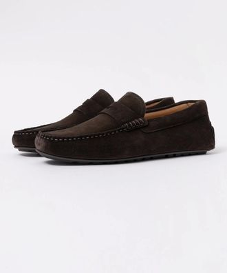 HUGO BOSS Mens BOSS Orange Noel Mens Suede Moccasins with Penny Trim - Dark Brown 201 - Size: 10