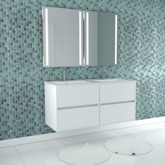Aurlane Mueble De Ba&ntilde;o 120cm Blanco Lacado 4 Cajones, Lavabo, 2 Espejos 60x80 Con Luz Led Integrada